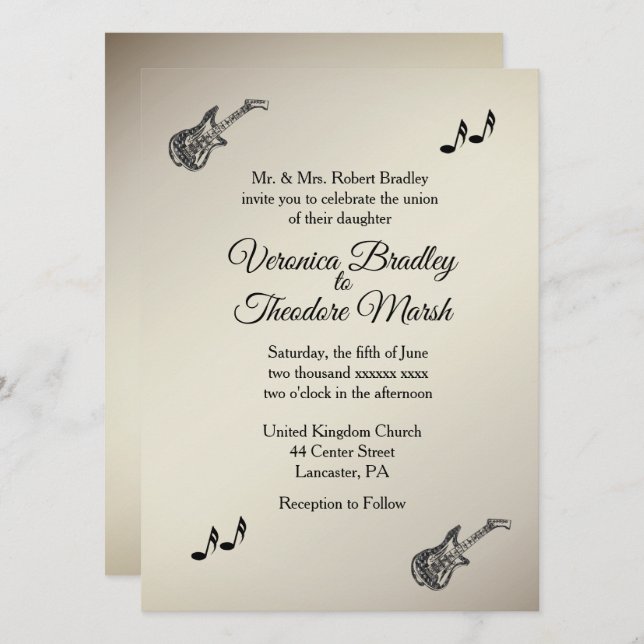 Guitar Theme Antique Gold Hochzeit Einladung (Vorne/Hinten)