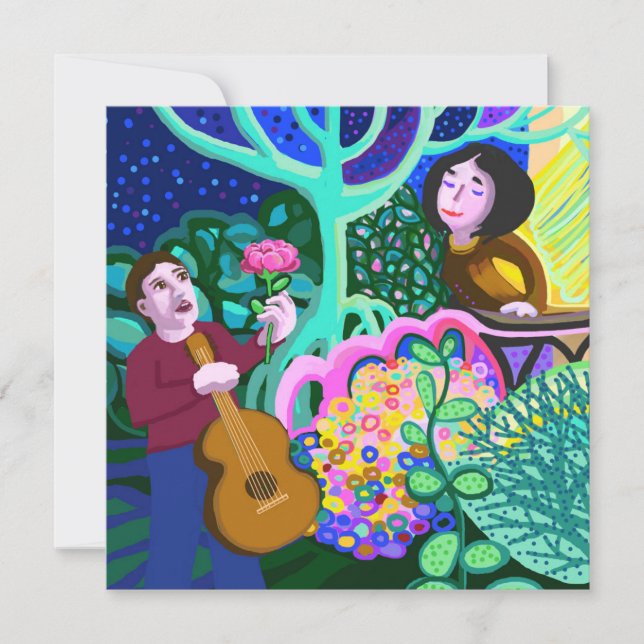 Guitare de chanson d'amour et invitation rose (Devant)