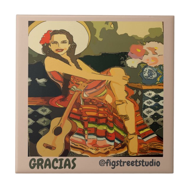 Guitare flamenco femme, ajouter du texte, Carreaux (Devant)
