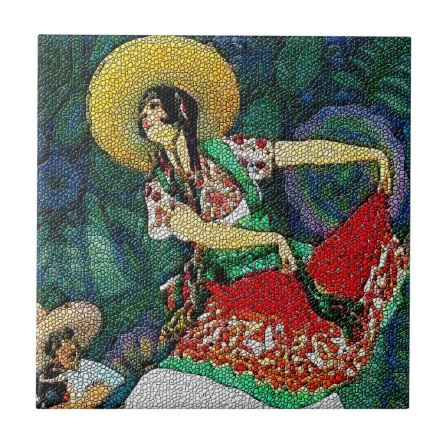 Guitare flamenco femme carreaux murale (Devant)