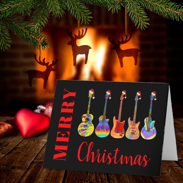 Guitare Père Noël Joyeux Noël Carte (Merry christmas guitar Santa fun personalized folded holiday card)