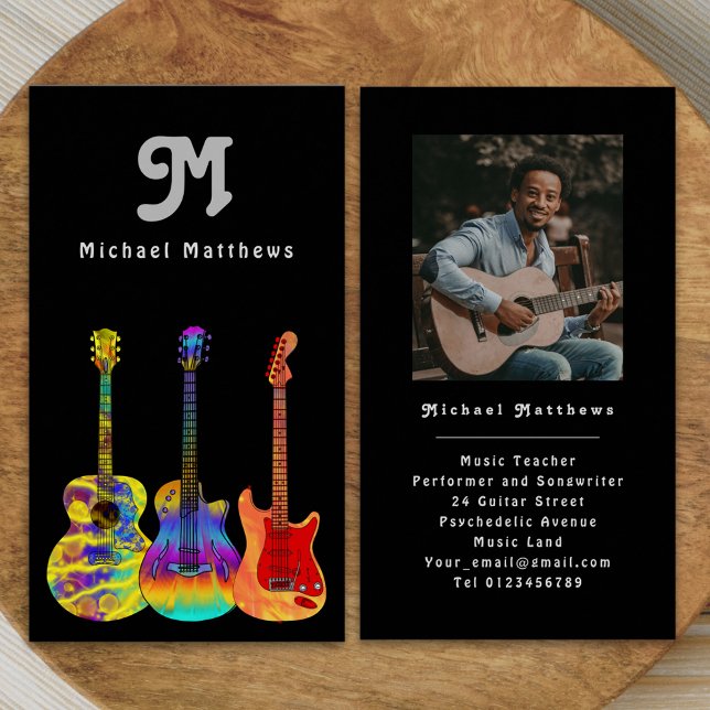 Guitare Professeur Personnalisé Photo Carte de vis (Modern music teacher professional musician gray black photo Business card personalized monogram )