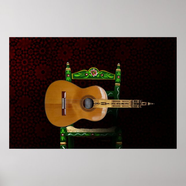 Guitarra española con Giralda de Sevilla y silla. Poster (Vorne)