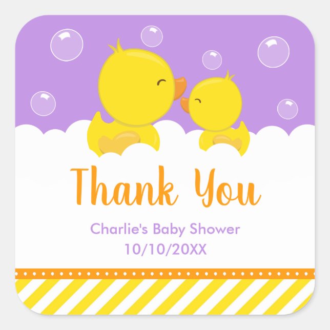 Gumber Ducky Babydusche gelb Lila Danke Quadratischer Aufkleber (Vorderseite)