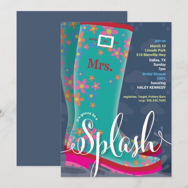 Gummi Boot Splash Bridal Dusche Einladung (Vorne/Hinten)