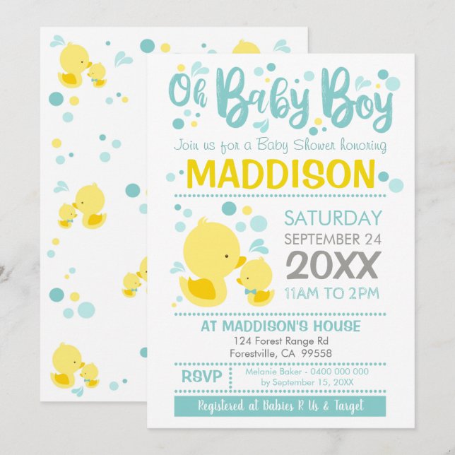 Gummi Duck Baby Shower Einladung Ducky Boy (Vorne/Hinten)