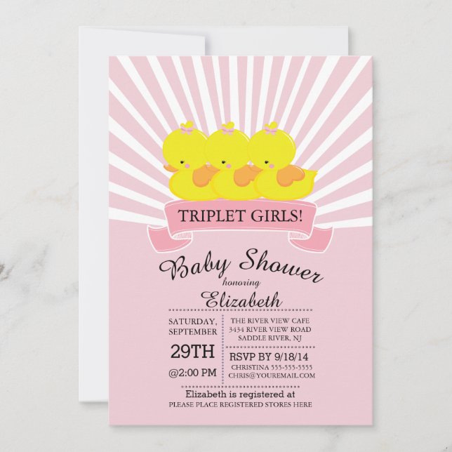 Gummi Duck Triplet Girls Babydusche Einladungen (Vorderseite)
