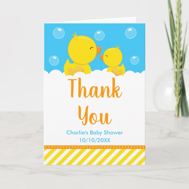 Gummi Ducky Baby Dusche Gelb und Blau Dankeskarte (Vorderseite)