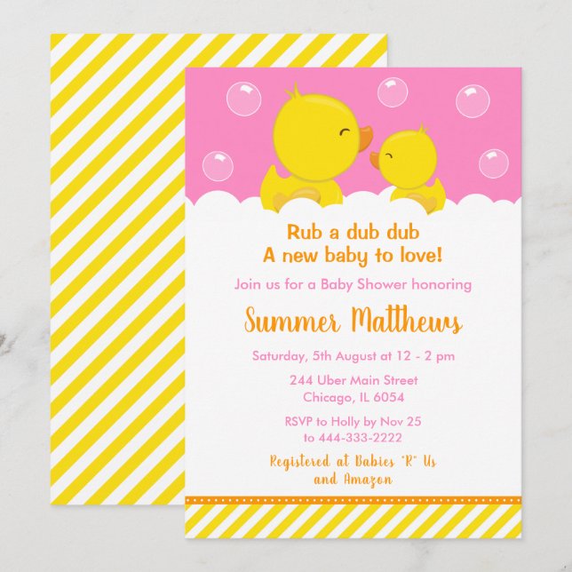 Gummi Ducky Baby Dusche Gelb und Rosa Einladung (Vorne/Hinten)