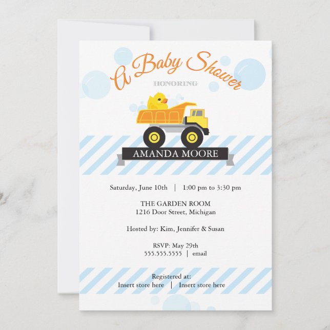 Gummi Ducky Dump Truck Baby Dusche Einladung (Vorderseite)