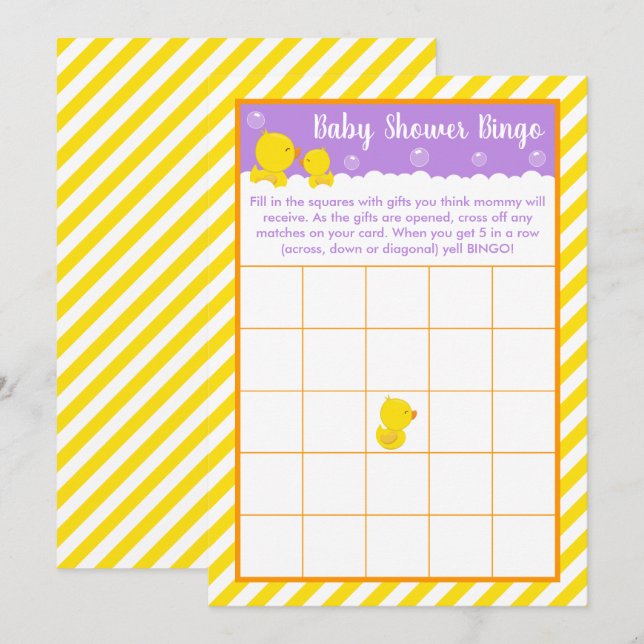 Gummi Ducky Gelb und Lila Baby Dusche Bingo Einladung (Vorne/Hinten)