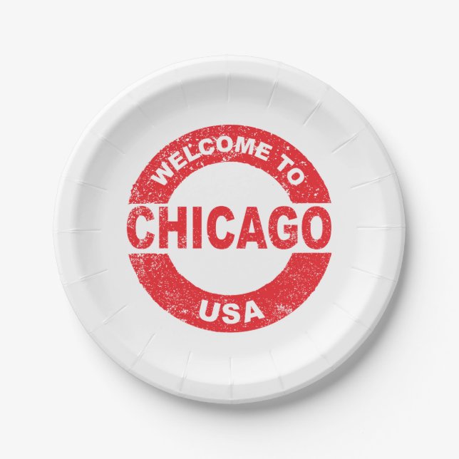 Gummi Ink Briefmarke Willkommen in Chicago USA Pappteller (Vorderseite)