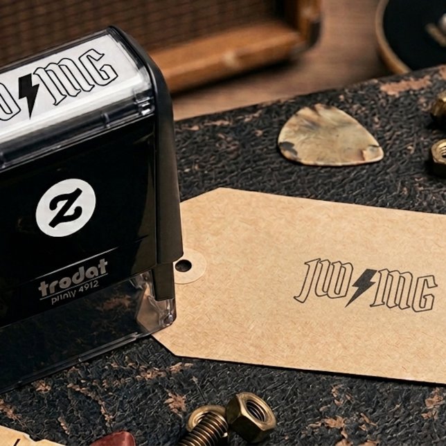 Gummistempel Rock Blitz-Paar-Monogramm Permastempel (Rockin' Lighting Bolt Couple Monogram Rubber Stamp)