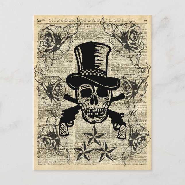 Gunslinger, Happy Skull, Kanonen, Rose, Geschenk,  Postkarte (Vorderseite)