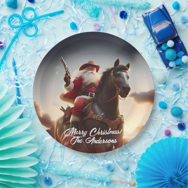 Gunslinger Santa Claus Reiten Weihnachten Pappteller (Party)