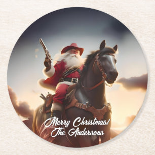Gunslinger Santa Claus Reiten Weihnachten Runder Pappuntersetzer