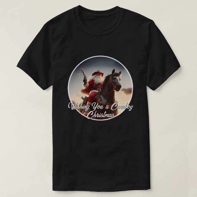 Gunslinger Santa Claus Reiten Weihnachten T-Shirt (Design vorne)