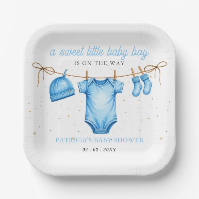 Günstige Wäscheleine Blau Junge Baby Shower Einlad Pappteller (Vorderseite)