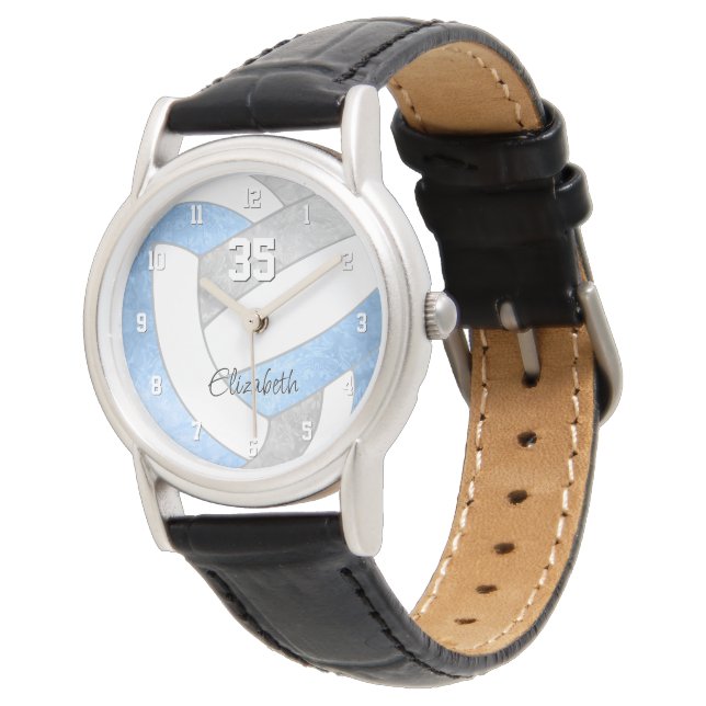 gürtelhellblau-graue personalisierte Volleyball Armbanduhr (Schrägansicht)