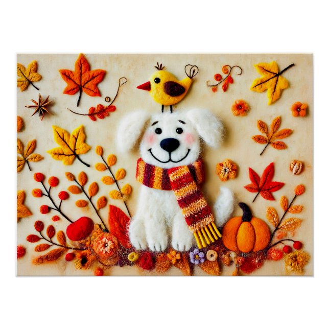 Gürtelhund mit Herbstblättern und einem Vogel Poster (Vorderseite)