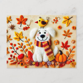 Gürtelhund mit Herbstblättern und einem Vogel Postkarte