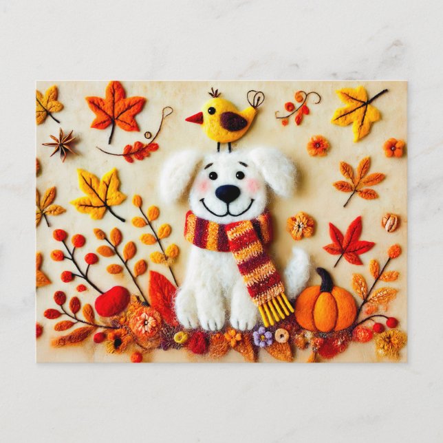 Gürtelhund mit Herbstblättern und einem Vogel Postkarte (Vorderseite)