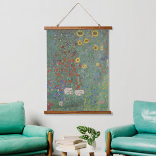 Gustav Klimt - Bauernhof Garten mit Sonnenblumen Wandteppich Mit Holzrahmen