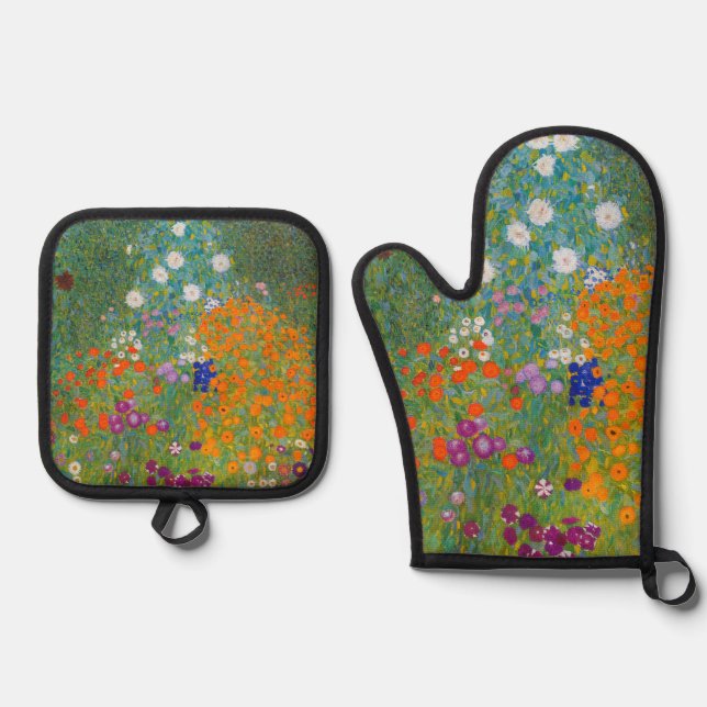Gustav Klimt - Blumengarten Ofenhandschuh & Topflappen-Set (Vorderseite)