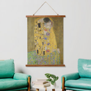 Gustav Klimt-Der Kiss Gold Leaf Kunstwerk Wandteppich Mit Holzrahmen