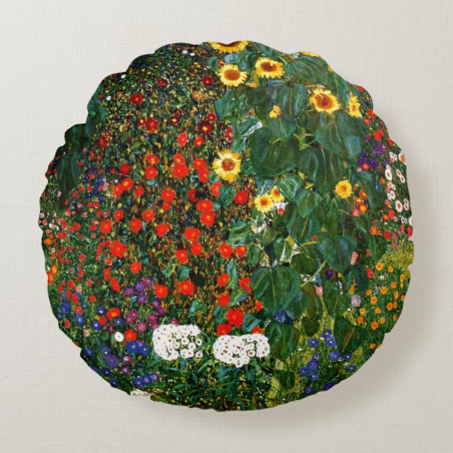 Gustav Klimt - Farm Garden with Sunflowers Rundes Kissen (Vorderseite)