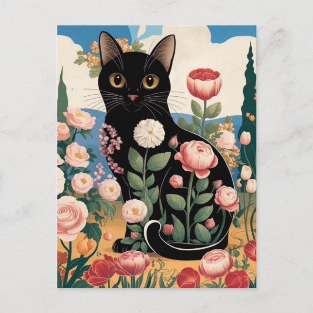 Gustav Klimt Floral Black Cat Moderne Kunst, Dicht Postkarte (Vorderseite)