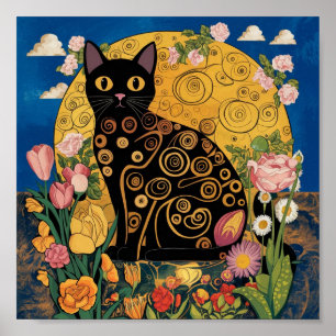 Gustav Klimt Florale Schwarze Katze, Moderne Eklek Poster