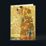 Gustav Klimt Fulfillment Grußkarte Karte<br><div class="desc">Gustav Klimt Fulfilment Grußkarte. Frieze von 1909. Fulfillment wurde während der goldenen Phase von Klimt abgeschlossen und verfügt über ein umarmendes Paar, das sich unter einem gemusterten Steppchen mit Spiralen, Augen, Vögeln, Fischen und anderen Formen unter sich hält. Im Hintergrund der Arbeit befinden sich die Bronzegeister, die den berühmten Baum...</div>