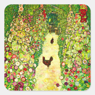 Gustav Klimt Garten mit Hühnern Quadratischer Aufkleber