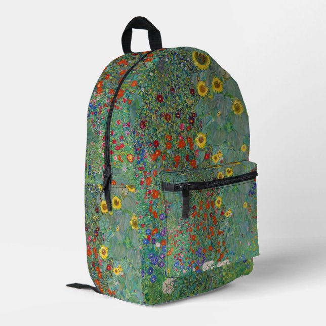 Gustav Klimt - Garten mit Sonnenblumen Bedruckter Rucksack (Rückseitige Ecke links)