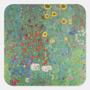 Gustav Klimt - Garten mit Sonnenblumen Quadratischer Aufkleber