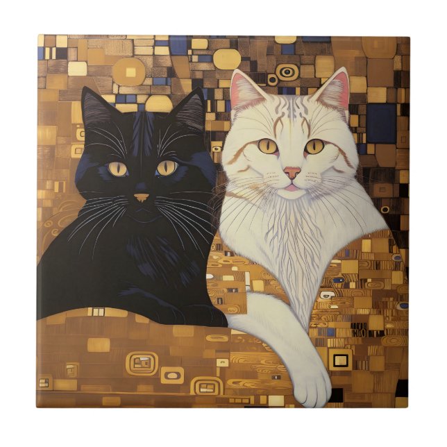 Gustav Klimt Inspirierte zwei Katzen im Bett Fliese (Vorderseite)