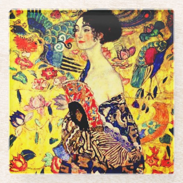 Gustav Klimt Lady mit Fan Glasuntersetzer (Vorderseite)