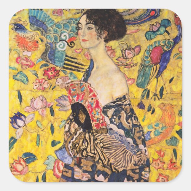 Gustav Klimt - Lady mit Fan Quadratischer Aufkleber (Vorderseite)