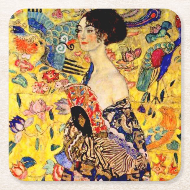 Gustav Klimt Lady mit Fan Rechteckiger Pappuntersetzer (Vorderseite)