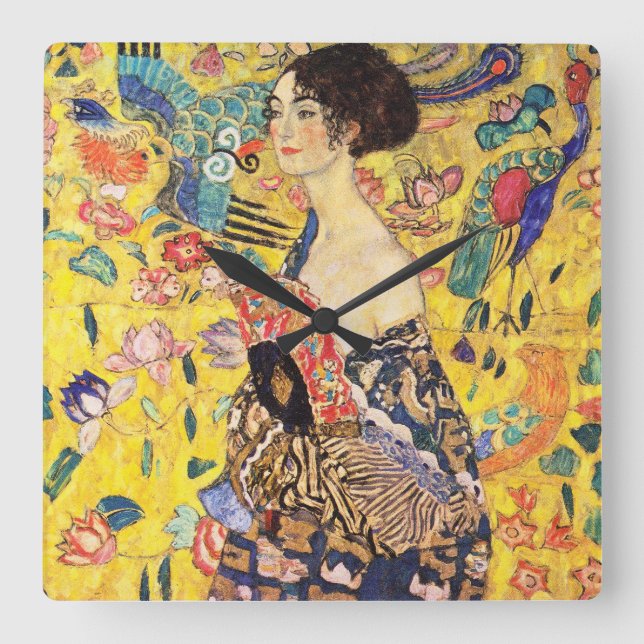 Gustav Klimt “ Lady with fan ” Quadratische Wanduhr (Vorderseite)