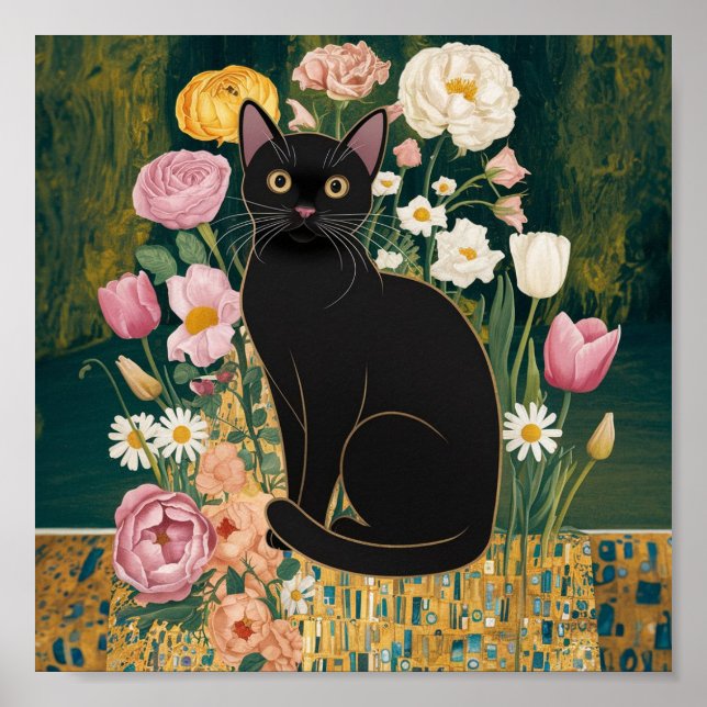 Gustav Klimt Schwarze Katze Im Blumengarten, Katze Poster (Vorne)