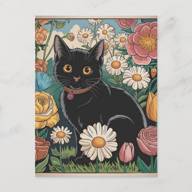 Gustav Klimt Schwarze Katze Im Blumengarten, Katze Postkarte (Vorderseite)