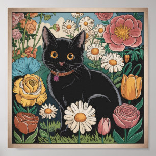 Gustav Klimt Schwarze Katze in einem Blumengarten, Poster