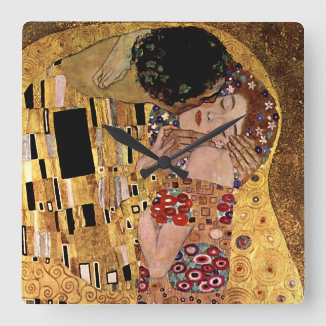 Gustav Klimt: The Kiss (Detail) Quadratische Wanduhr (Vorderseite)