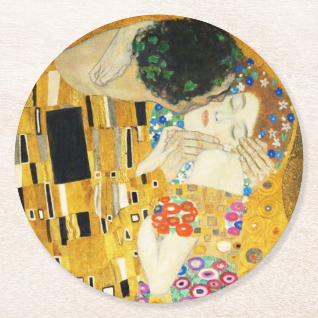 Gustav Klimt The Kiss Runder Pappuntersetzer (Vorderseite)