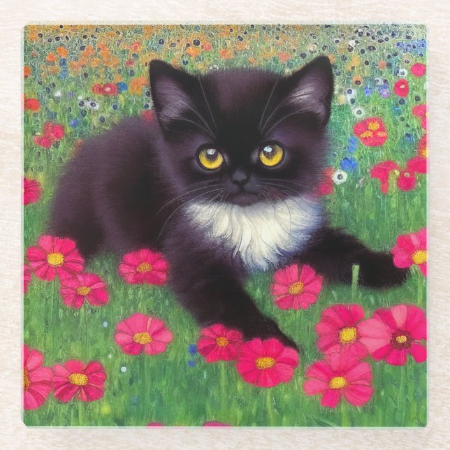 Gustav Klimt Tuxedo Cat Glasuntersetzer (Vorderseite)