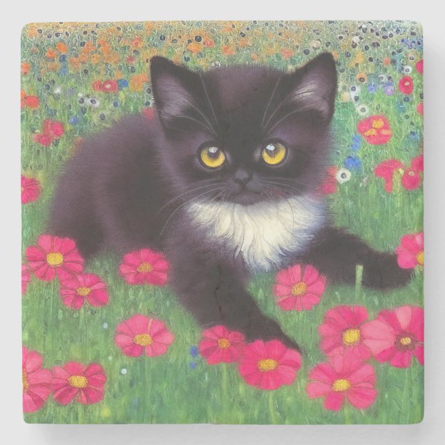 Gustav Klimt Tuxedo Cat Steinuntersetzer (Vorderseite)