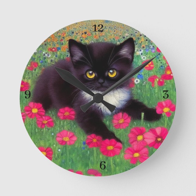 Gustav Klimt Tuxedo Katze mit Uhrennummern Runde Wanduhr (Vorderseite)