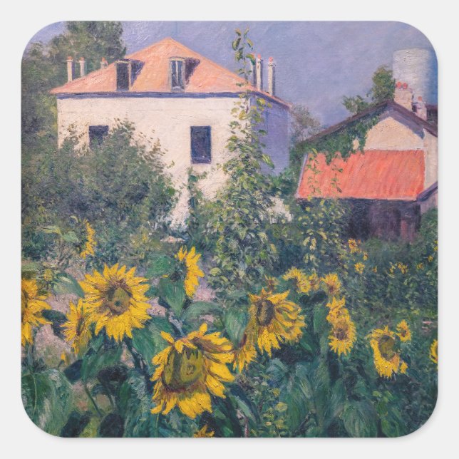 Gustave Caillebotte - Sonnenblumen, Garten Quadratischer Aufkleber (Vorderseite)